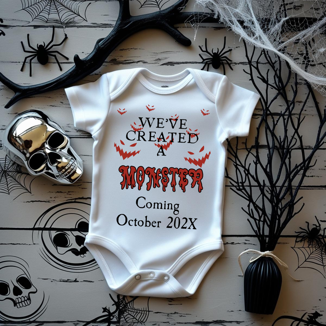 Personalized Pregnancy Announcement, We've Created A Monster, October Pregnancy Reveal, Christmas Pregnancy Onesie TrendyCustomApparel™