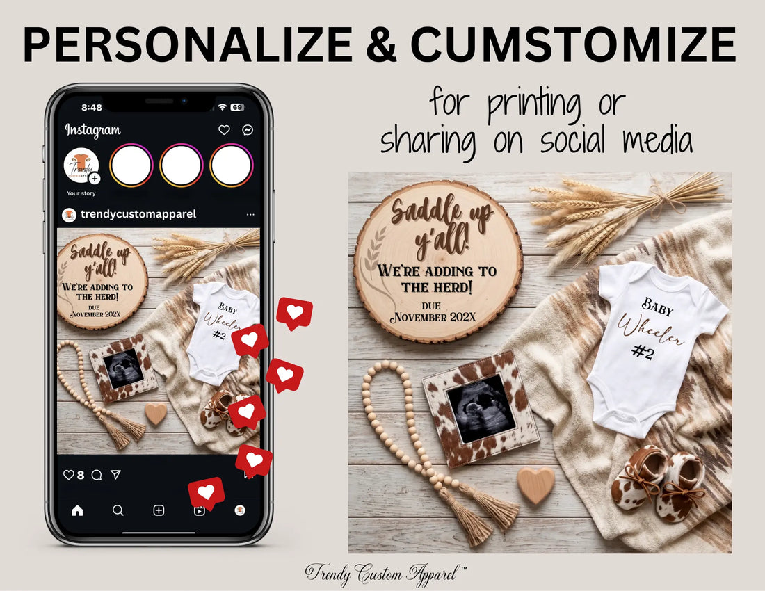 Western Pregnancy Announcement Canva Template – Saddle Up, Adding to Our Herd TrendyCustomApparel™