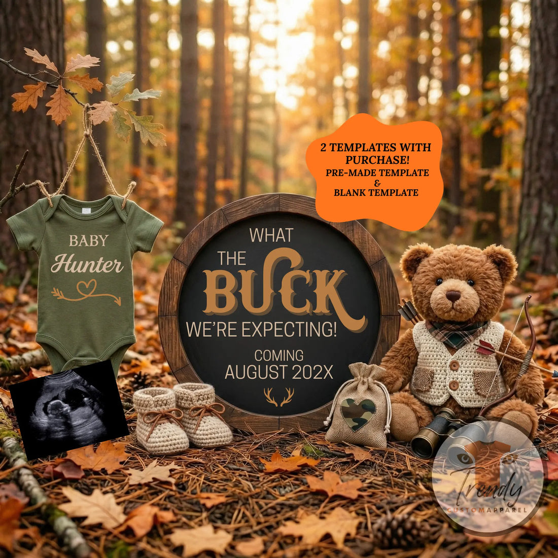 Buck We're Expecting, Hunting Digital Pregnancy Announcement, Gender Natural Customizable Editable Template TrendyCustomApparel™