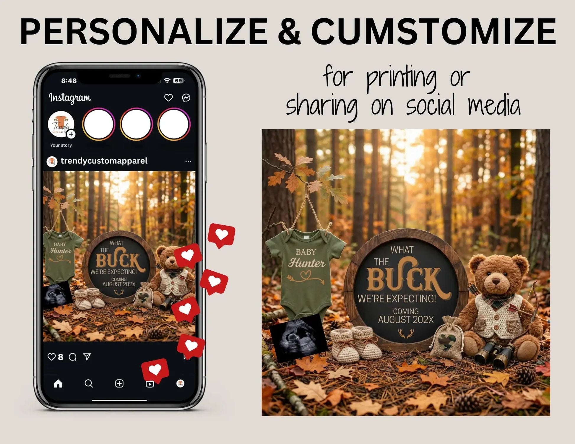 Buck We're Expecting, Hunting Digital Pregnancy Announcement, Gender Natural Customizable Editable Template TrendyCustomApparel™