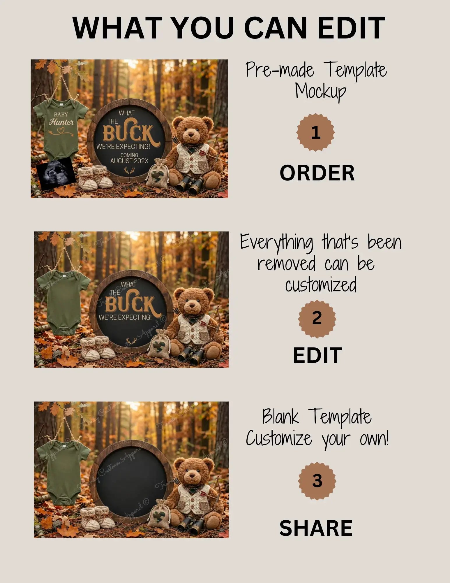 Buck We're Expecting, Hunting Digital Pregnancy Announcement, Gender Natural Customizable Editable Template TrendyCustomApparel™