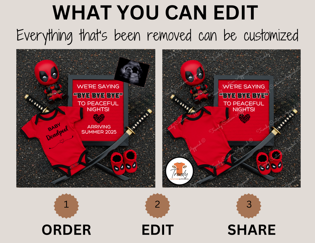 Digital Deadpool Bye Bye Bye Pregnancy Announcement, Customizable Superhero Themed, Personalized Editable Template