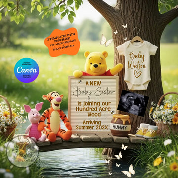 A New Baby Sister Pregnancy Announcement, Disney Winnie the Pooh Baby Reveal, It's A Girl Template - TrendyCustomApparel™
