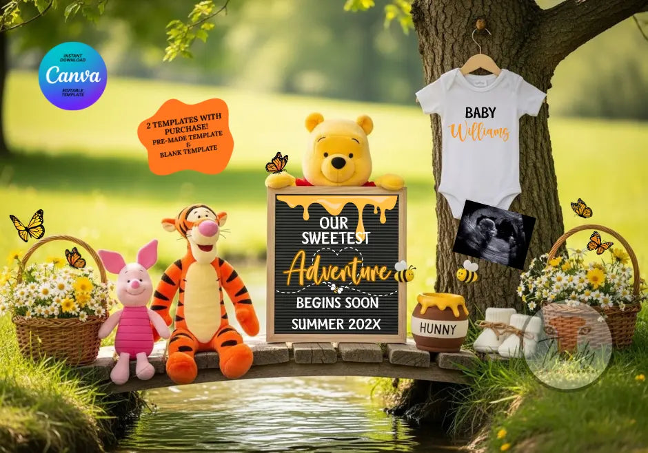 Our Sweetest Adventure Pregnancy Announcement | Winnie the Pooh Baby Reveal | Disney Template TrendyCustomApparel™
