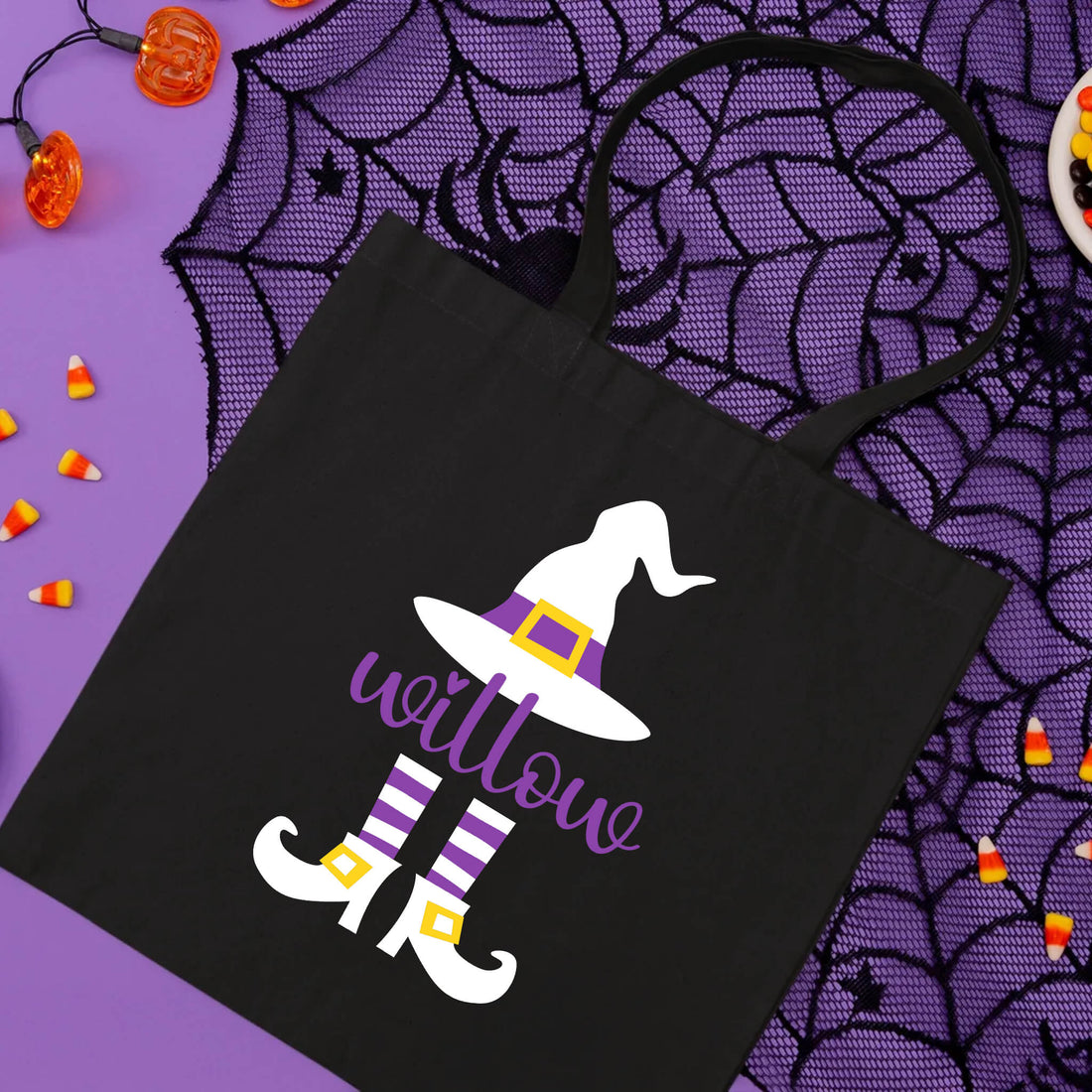 Bolsa De Mano Grande Caramelo de truco o trato de bruja de niña con nombre personalizado de Halloween