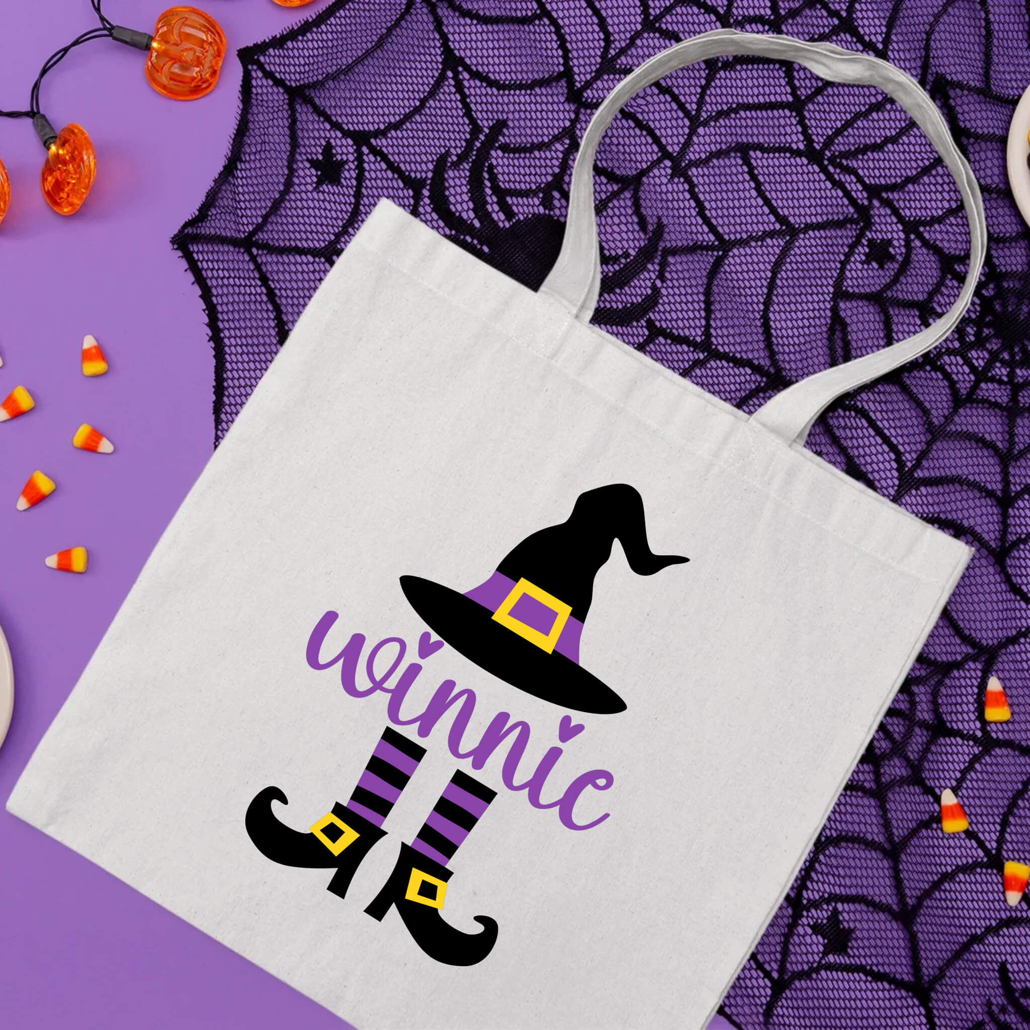 Halloween Personalized Name Girl's Witch Trick or Treat Candy Large Tote Bag