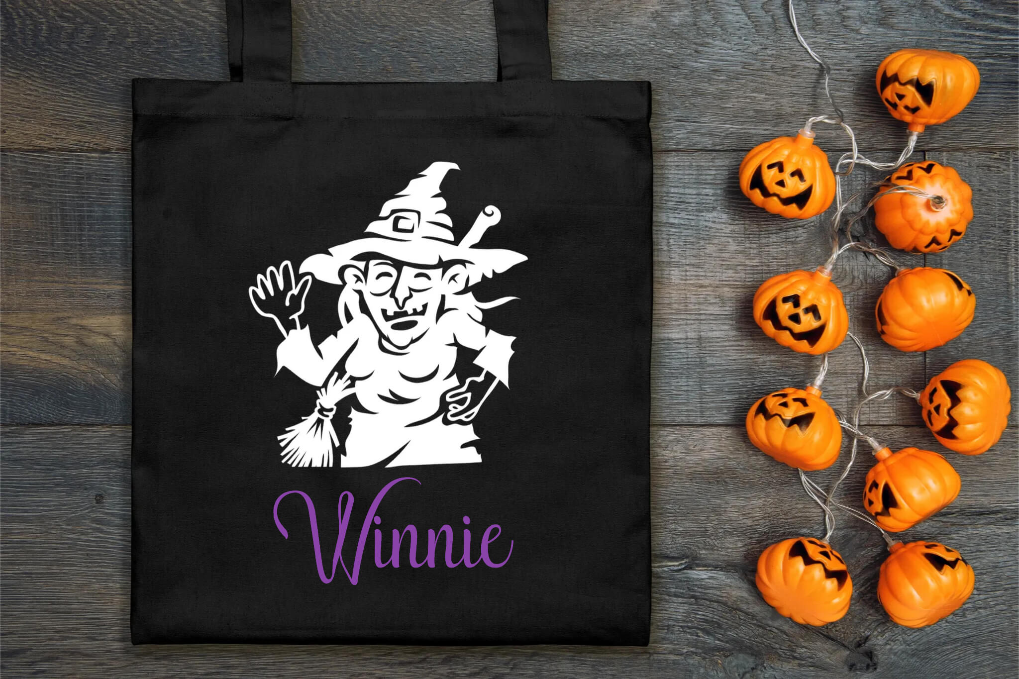 Halloween Personalized Name Witch Trick or Treat Candy Large Tote Bag