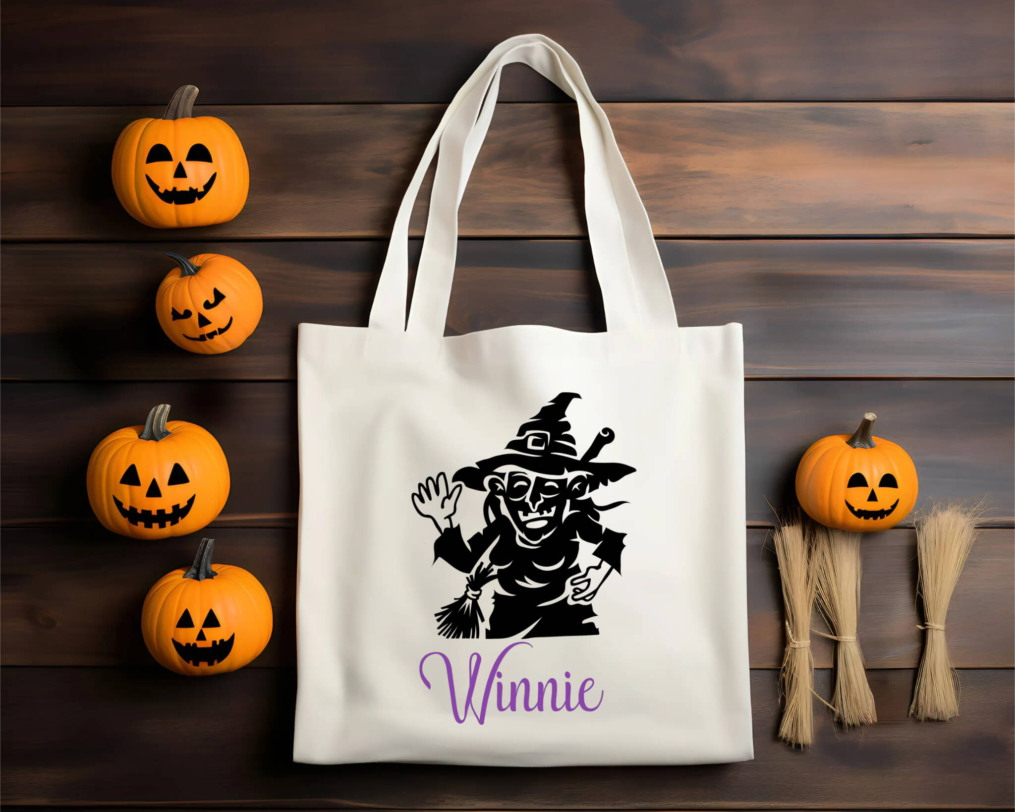 Bolsa De Tela Grande Caramelo de truco o trato de bruja con nombre personalizado de Halloween