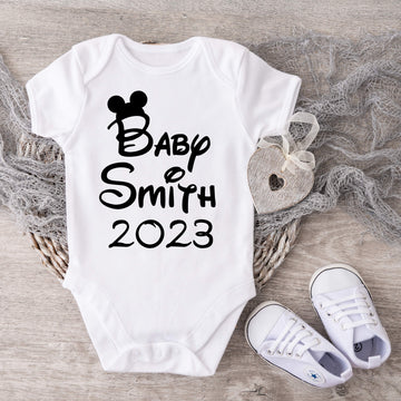 Personalized Pregnancy Announcement, Mouse Ears Last Name, Disney Inspired, Customized Baby Announcement Onesie