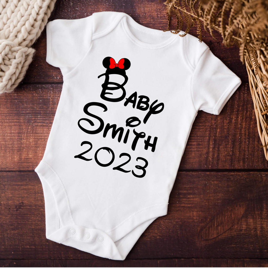 Personalized Pregnancy Announcement, Mouse Ears Last Name, Disney Inspired, Customized Baby Announcement Onesie