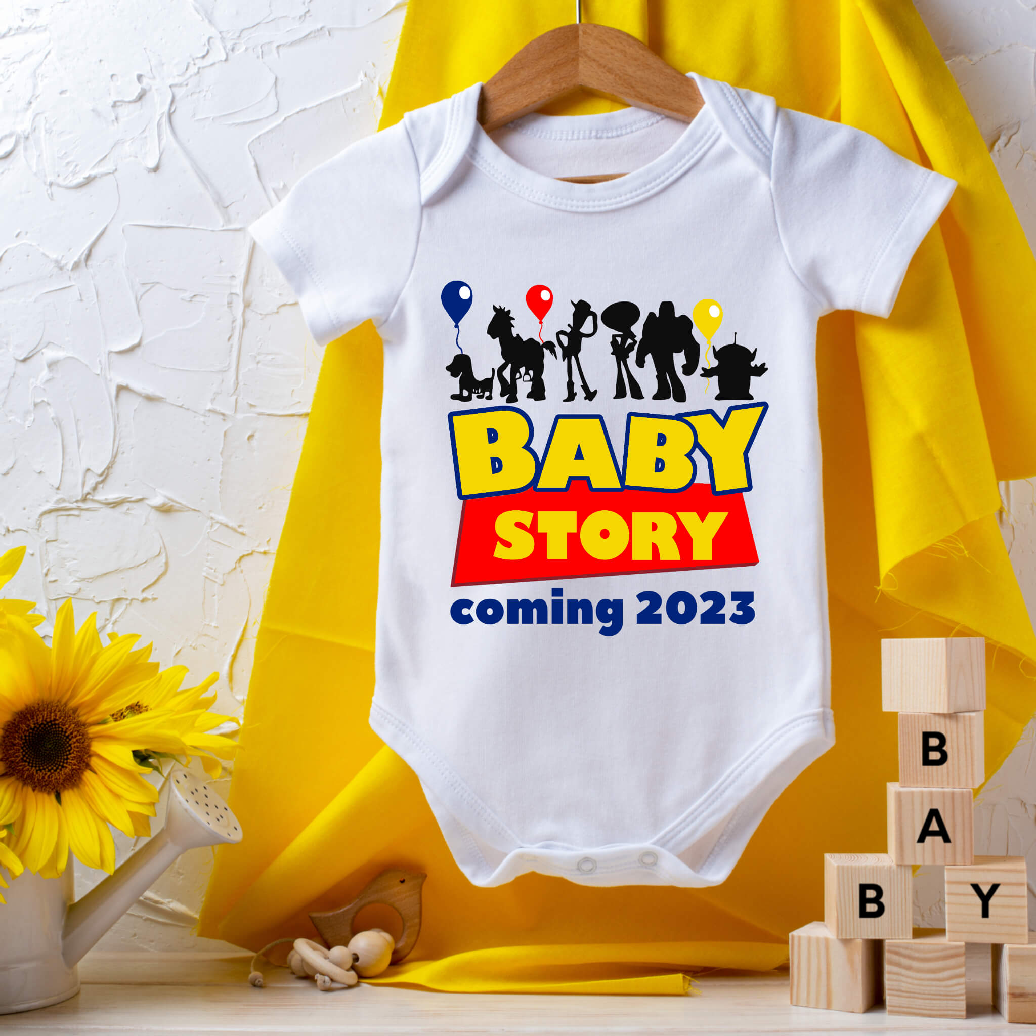 Personalized Pregnancy Announcement, Baby Story, Toy Story Inspired, Customizable Onesie