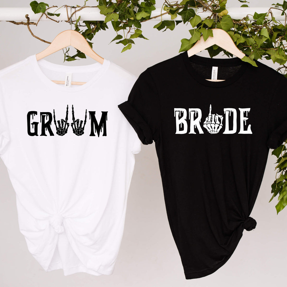 Camisetas con estampado gráfico de novia y novio gótico para parejas a juego para bodas