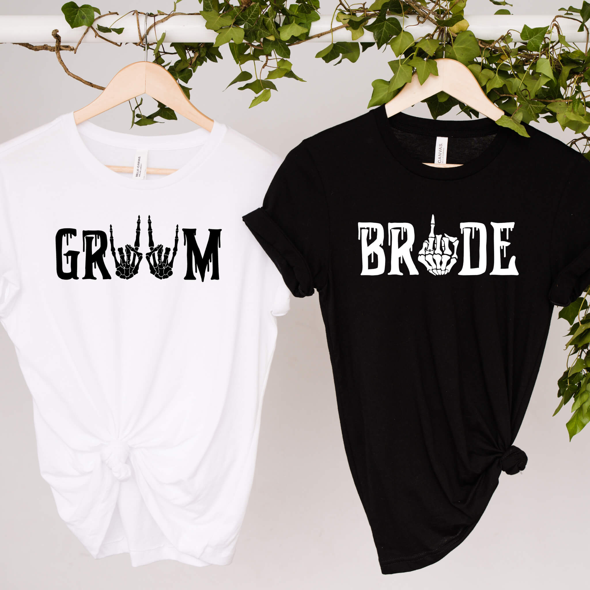 Wedding Engagement Honeymoon Matching Couples Gothic Rocker Bride & Groom Graphic Print T-Shirts