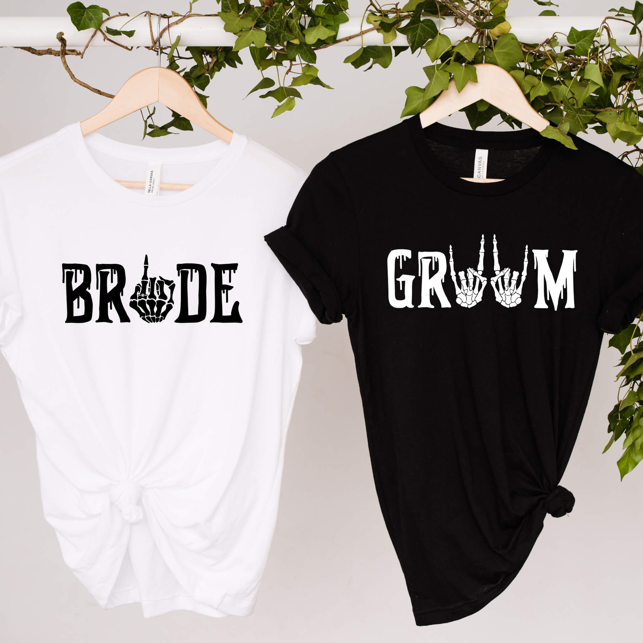Wedding Engagement Honeymoon Matching Couples Gothic Rocker Bride & Groom Graphic Print T-Shirts