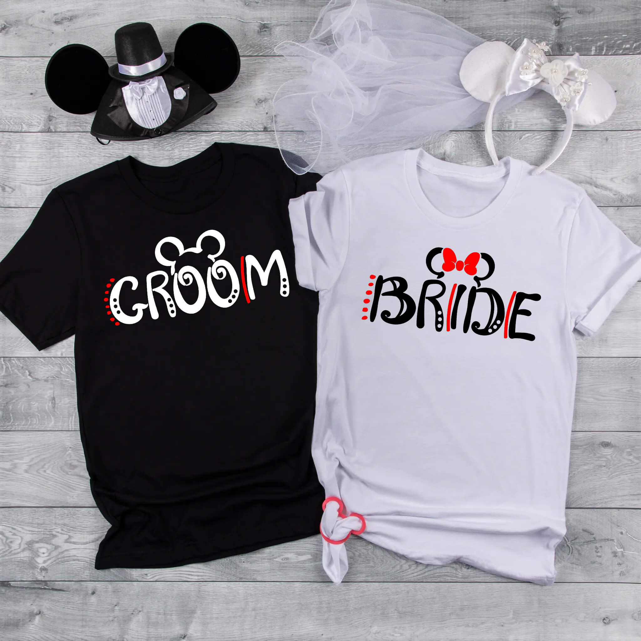Wedding Engagement Honeymoon Mickey & Minnie Matching Bride & Groom Customizable Graphic Print Unisex T-Shirts