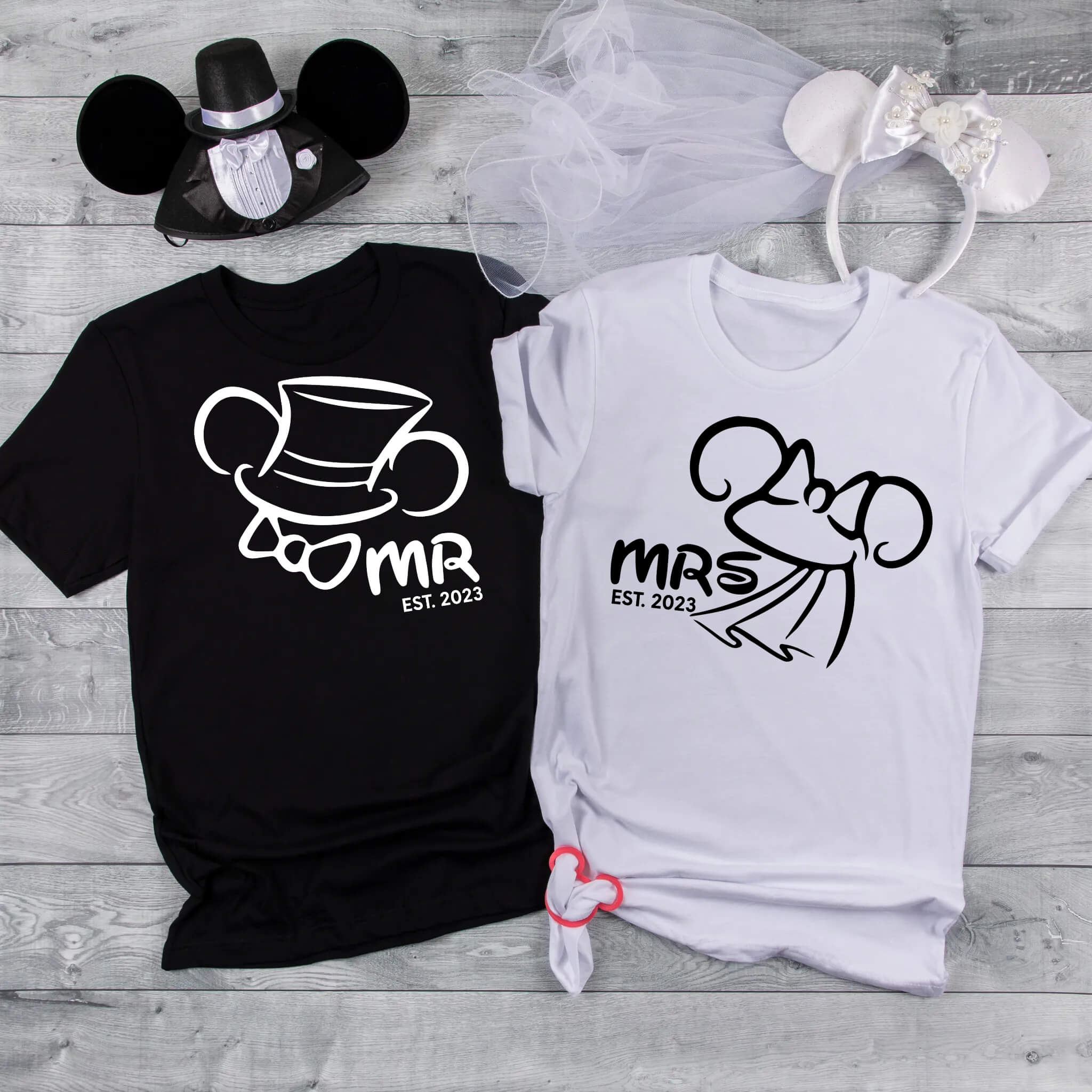 Wedding Engagement Honeymoon Mr. & Mrs. Personalized Date Mickey & Minnie Matching Bride & Groom Graphic Print Unisex T-Shirts
