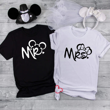 Wedding Engagement Honeymoon Mr. & Mrs. Mickey & Minnie Matching Bride & Groom Graphic Print Unisex T-Shirts