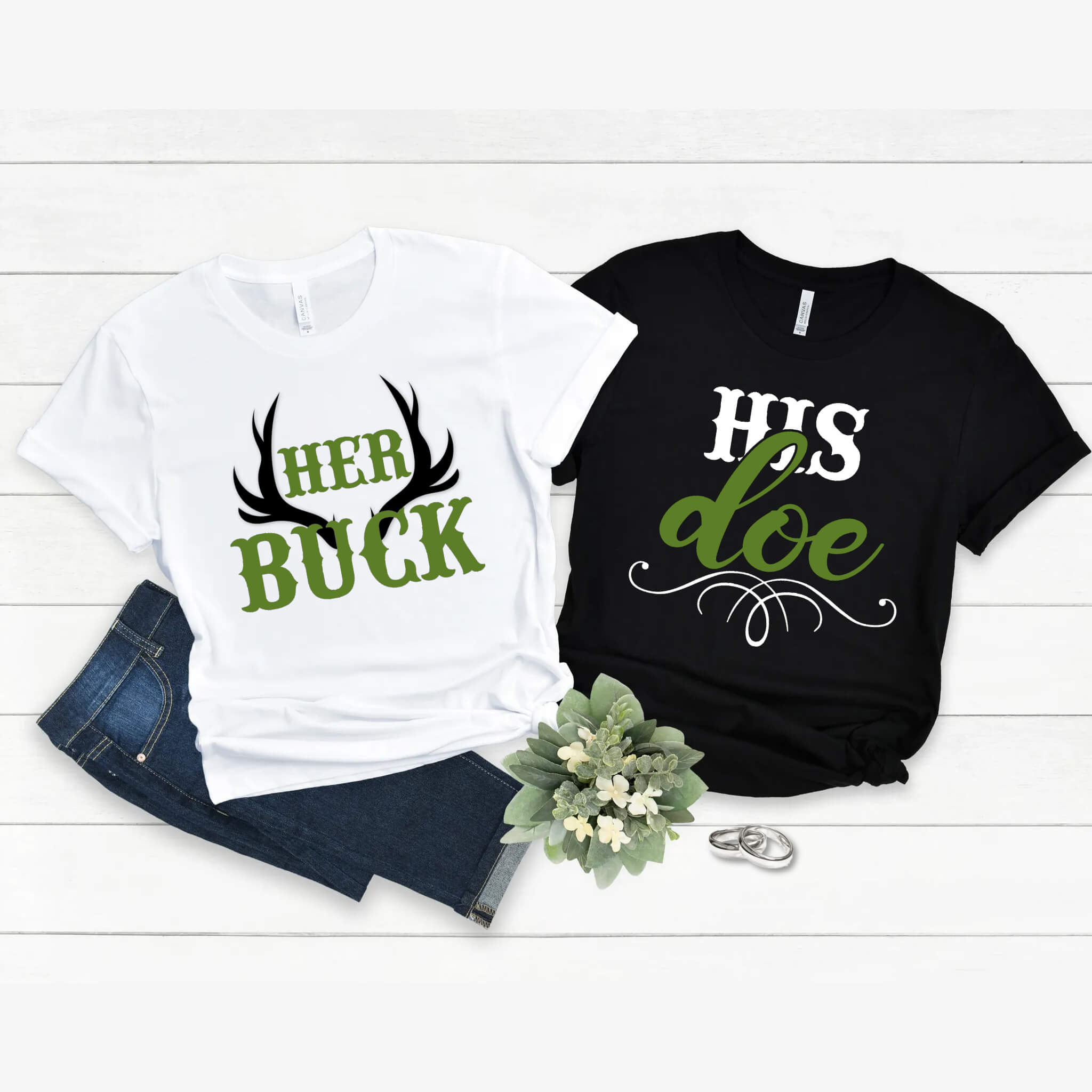 Wedding Honeymoon Matching Couples Her Buck & His Doe Graphic Print Unisex T-Shirts