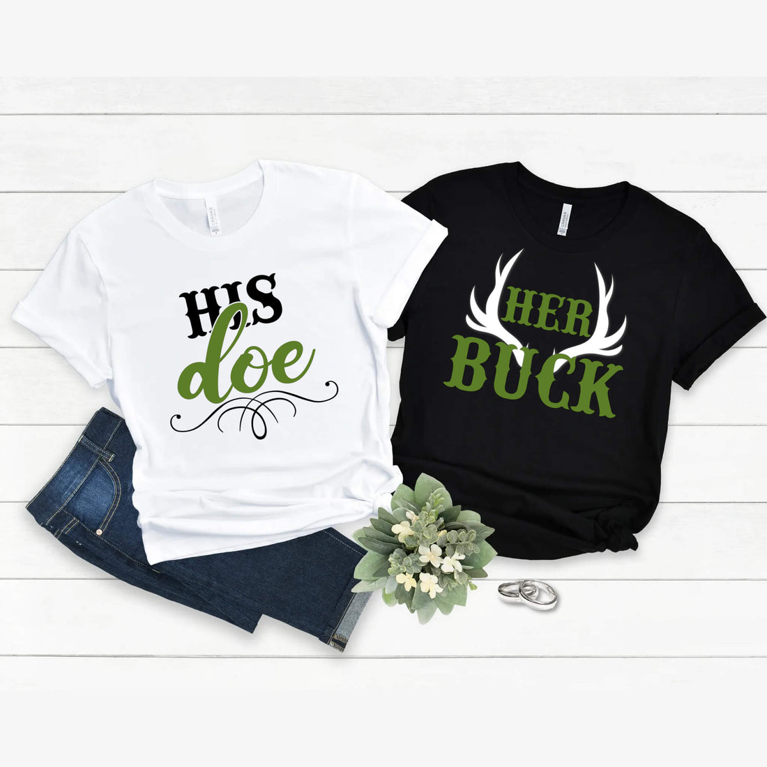 Wedding Honeymoon Matching Couples Her Buck & His Doe Graphic Print Unisex T-Shirts