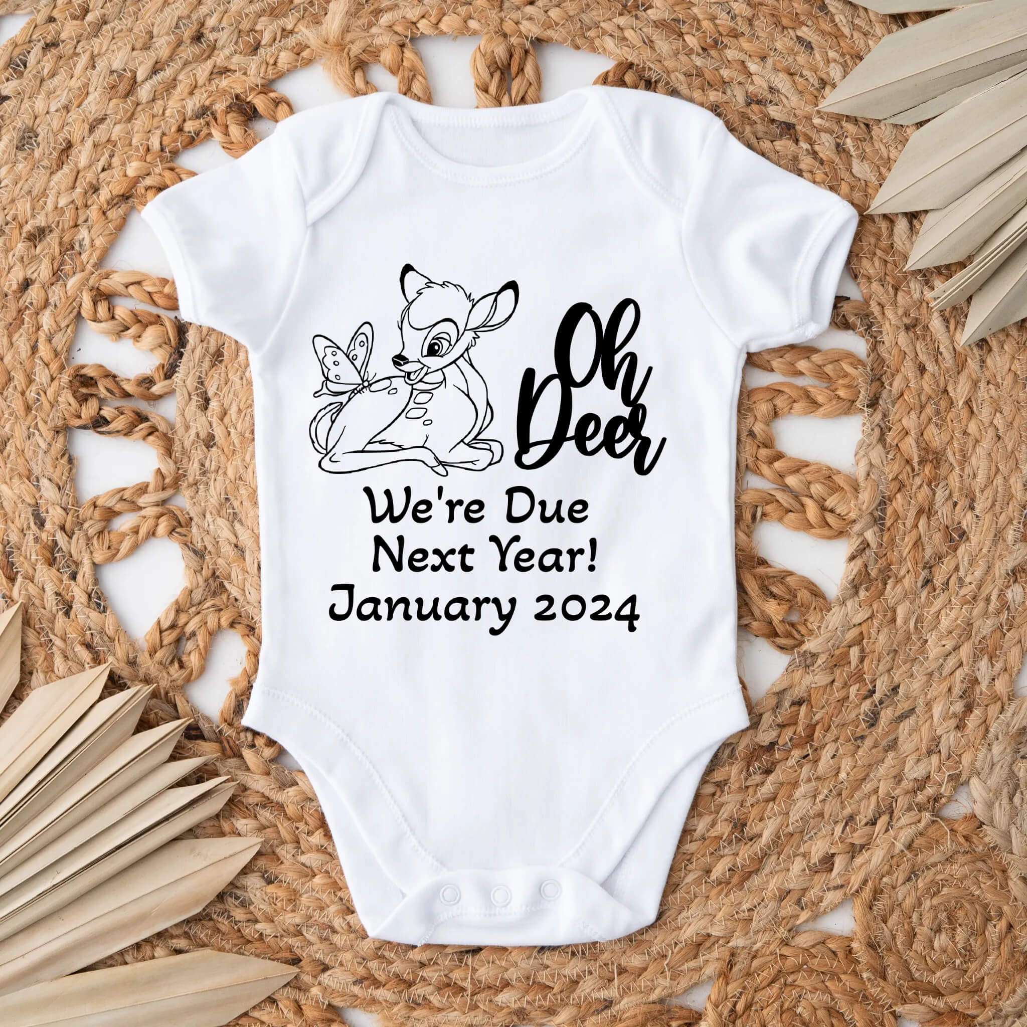 Personalized Pregnancy Announcement, Oh Deer We’re Due Next Year, Dad, Grandma, Grandpa, Aunt, Uncle To Be, Customized Baby Fawn Announcement, Social Media Announcement, Gift Box Baby Announcement, Animated Movie Characters Pregnancy Announcement