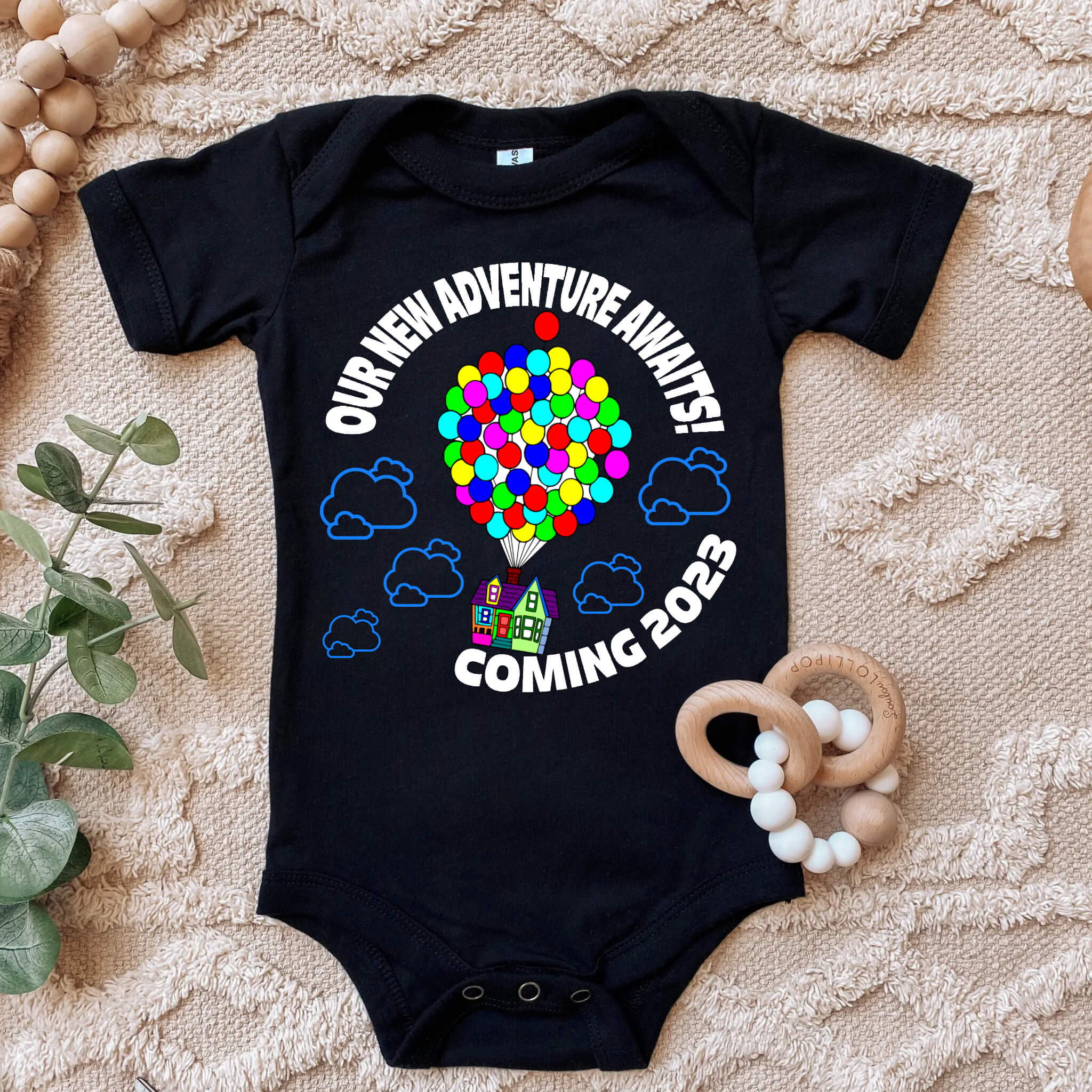 Personalized Pregnancy Announcement, Our New Adventure Awaits, Dad, Grandma, Grandpa, Auntie, Uncle To Be, Paradise Falls Ballon Onesie, Customized Baby Announcement Onesie, Animated Movie Characters Pregnancy Announcement
