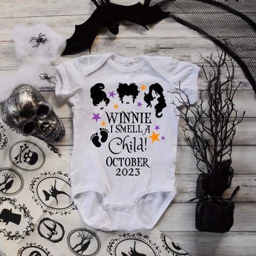 Anuncio de embarazo personalizado, Winnie Huelo a niño, Onesie de fecha de parto personalizado, Anuncio de embarazo de Halloween, Anuncio de embarazo de octubre